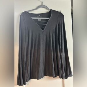 American Eagle Outfitters Black V-Neck Long Sleeve Top with Ladder Detail